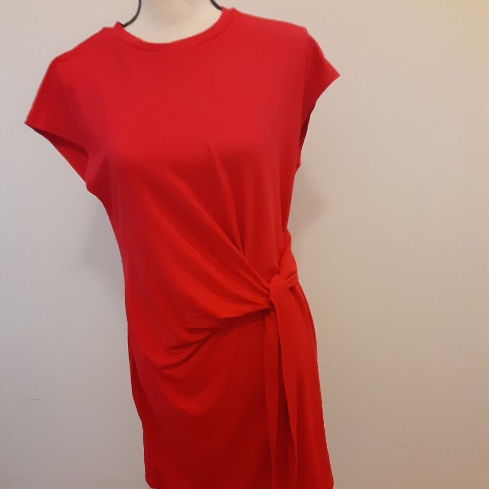 Red (L) Bodycon Sleeveless Dress w/Scoop Neck.  Gathers & Ties @  Left Side.
